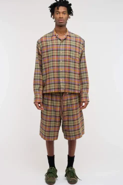 The Elder Statesman Burnout Plaid Camp Shirt LS