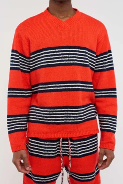 The Elder Statesman Nora Rollie Stripe V-Neck