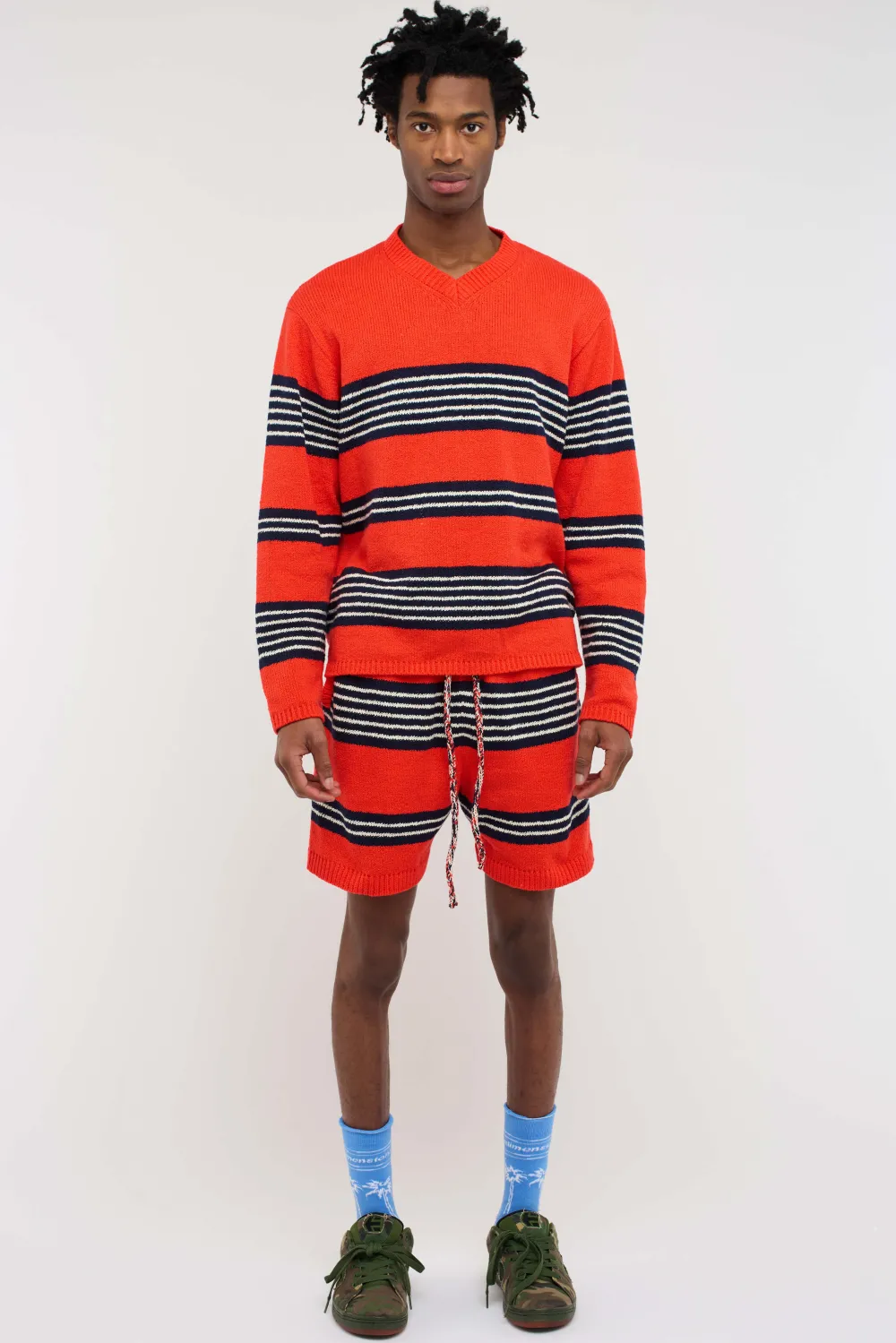 The Elder Statesman Nora Rollie Stripe V-Neck